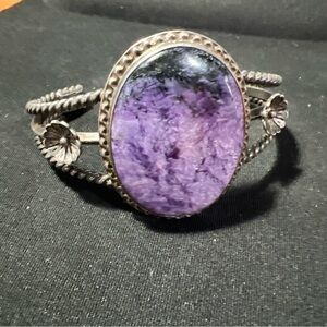 Native American Navajo Oval Purple Charoite Sterling Cuff Bracelet 47.8g Signed